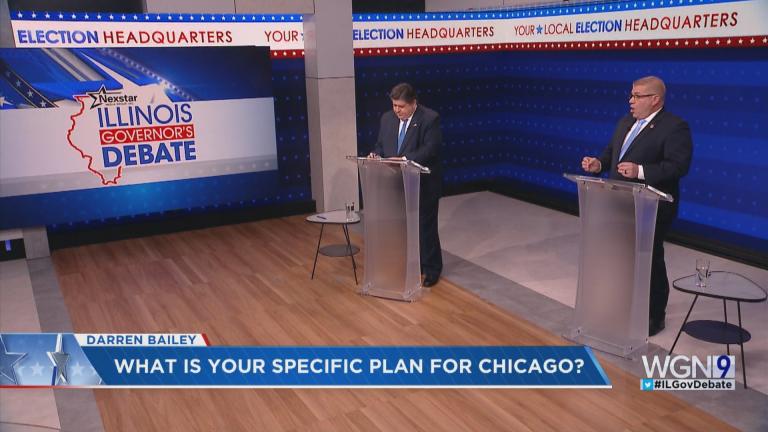 Gov. J.B. Pritzker and state Sen. Darren Bailey debate on Oct. 18, 2022. (Credit: WGN)