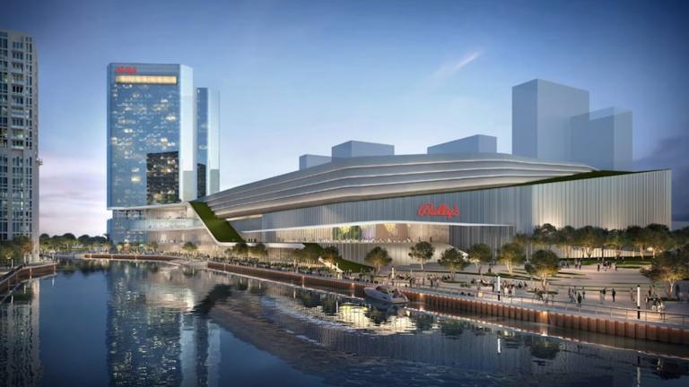 The latest rendering of Bally’s planned Chicago casino on the Chicago River. (Courtesy of HSK)