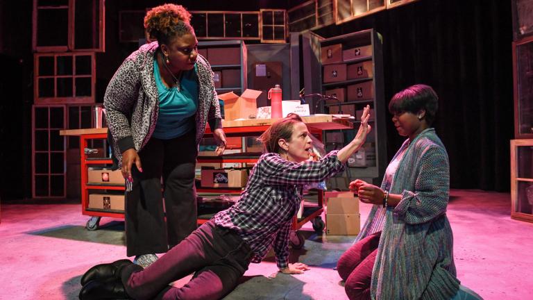 From left: Deanna Reed-Foster, Rebecca Jordan and Demetra Dee in Shattered Globe Theatre’s Chicago premiere of “Be Here Now.” (Photo by Evan Hanover)
