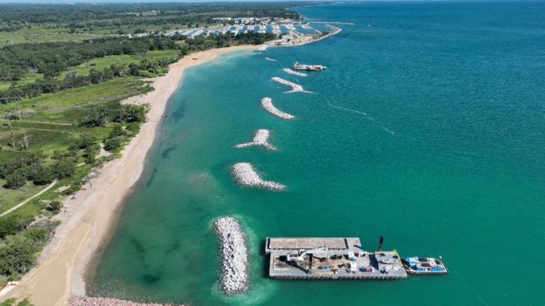 Breakwater structures being constructed along the Lake Michigan shoreline in Illinois Beach State Park. (Courtesy of Michels Construction Inc.)