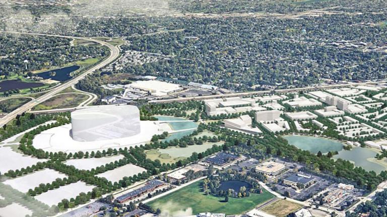 An aerial view from the southwest of a proposed Chicago Bears stadium and entertainment district in Arlington Heights. (Credit: Hart Howerton / Chicago Bears)