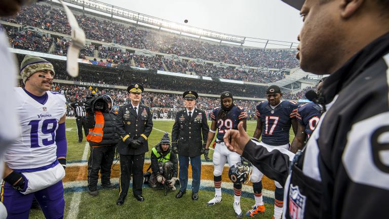 U.S. Army officers oversee a coin toss on Nov. 16, 2014 between the Chicago Bears and Minnesota Vikings at Soldier Field. (U.S. Army photo by Sgt. 1st Class Michel Sauret)