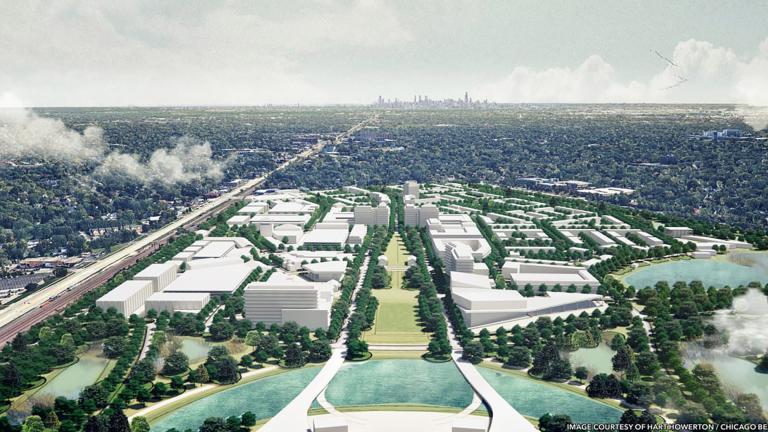 An aerial rendering of a proposed Chicago Bears stadium and entertainment district in Arlington Heights. (Credit: Hart Howerton / Chicago Bears)