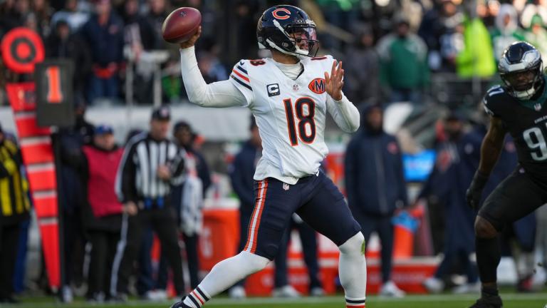 Chicago Bears quarterback Caleb Williams (18) passes during the first half of an NFL football game against the Philadelphia Eagles, Friday, Nov. 28, 2025, in Philadelphia. (AP Photo / Matt Slocum)