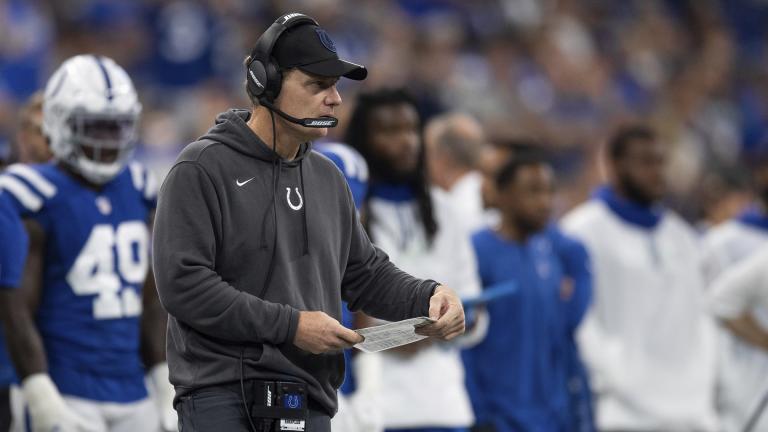 Matt Eberflus is shown during the first half of an NFL football game against the Jacksonville Jaguars, Sunday, Sept. 13, 2020, in Jacksonville, Fla. (AP Photo / Gary McCullough, File)