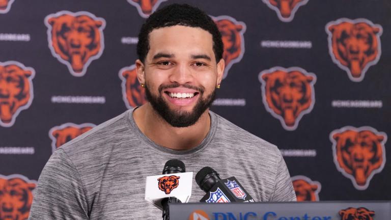Chicago Bears quarterback Caleb Williams talks to media at a news conference after NFL football practice in Lake Forest, Ill., Wednesday, May 28, 2025. (AP Photo / Nam Y. Huh)