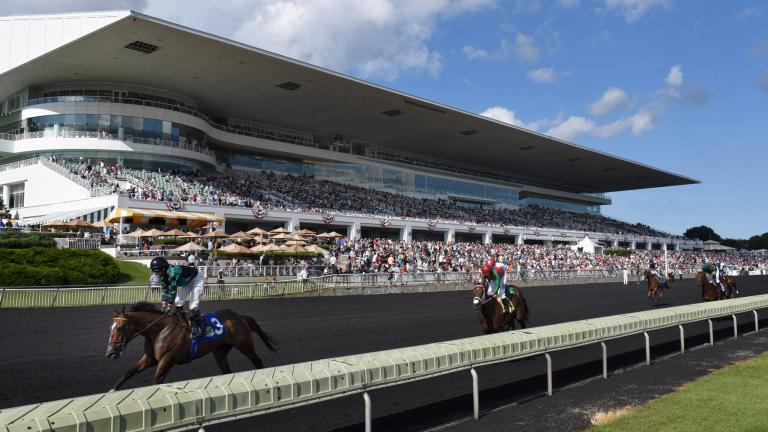 In this Aug. 12, 2017, file photo, horses in the Bruce D. Memorial Stakes pass the grandstand at Arlington International Racecourse in Arlington Heights, Illinois. (John Starks / Daily Herald via AP, File)