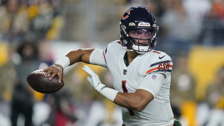Chicago Bears quarterback Justin Fields (1) looks to pass against the Pittsburgh Steelers during the first half of an NFL football game, Monday, Nov. 8, 2021, in Pittsburgh. (AP Photo/Gene J. Puskar)