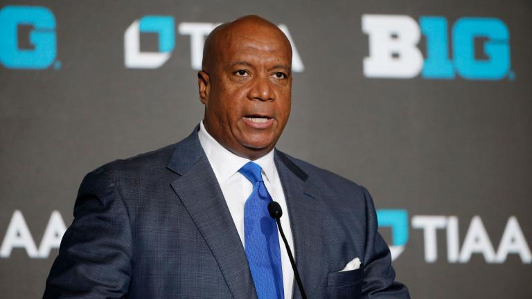 Big Ten Commissioner Kevin Warren speaks during Big Ten NCAA college basketball Media Days on Oct. 12, 2022, in Minneapolis. The Chicago Bears hired Big Ten Commissioner Kevin Warren as their president and CEO on Thursday, Jan. 12, 2023, bringing him back to the NFL to help lead a founding franchise after three years running one of college athletics' marquee conferences. (AP Photo / Bruce Kluckhohn, File)