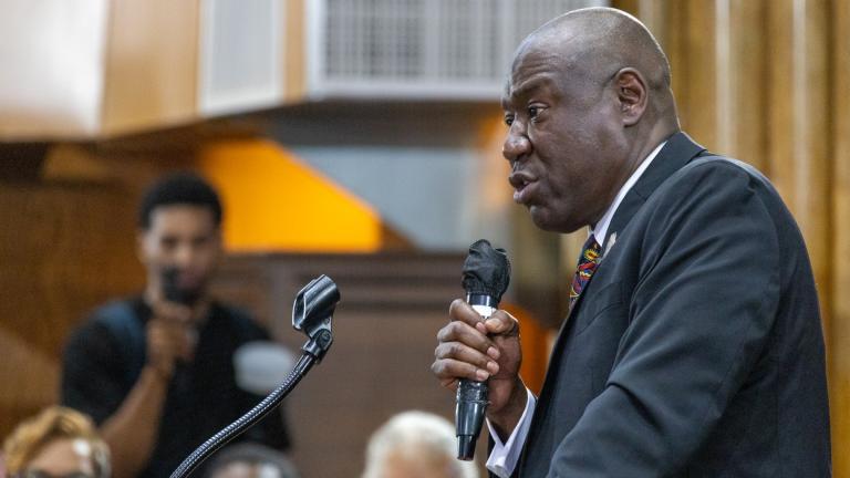 Attorney Ben Crump, who is representing the family of Sonya Massey, is pictured at a rally in Chicago last month. (Andrew Adams / Capitol News Illinois)