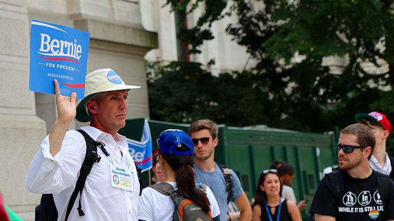A Bernie Sanders supporter protests outside Philadelphia City Hall on the first day of the Democratic National Convention. (Evan Garcia / Chicago Tonight)