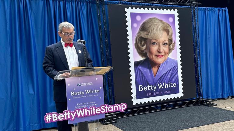 Richard Lichtenstein, board member of the Greater Los Angeles Zoo Association, speaks at the first day of issue dedication for the Betty White Forever stamp issued by the U.S. Postal Service at the Los Angeles Zoo, Thursday, March 27, 23025, in Los Angeles. (AP Photo / Beth Harris)