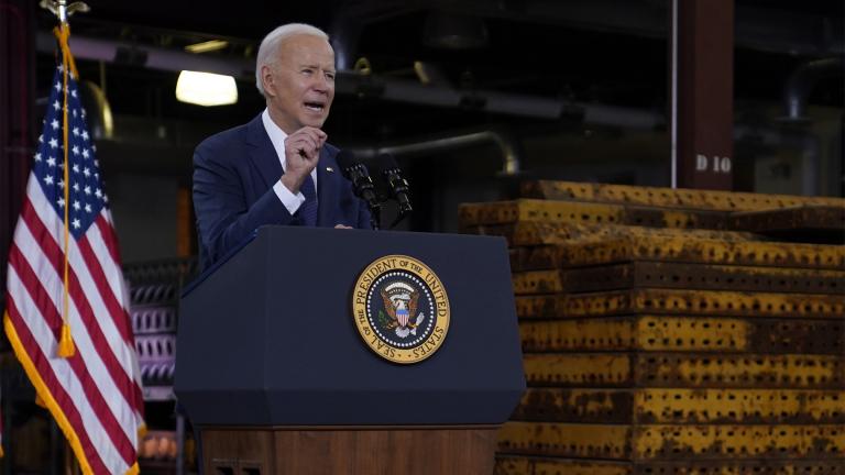 President Joe Biden delivers a speech on infrastructure spending at Carpenters Pittsburgh Training Center, Wednesday, March 31, 2021, in Pittsburgh. (AP Photo / Evan Vucci)