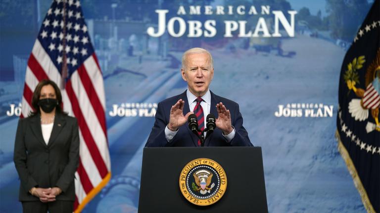 President Joe Biden speaks during an event on the American Jobs Plan in the South Court Auditorium on the White House campus, Wednesday, April 7, 2021, in Washington. Vice President Kamala Harris is at left. (AP Photo / Evan Vucci)