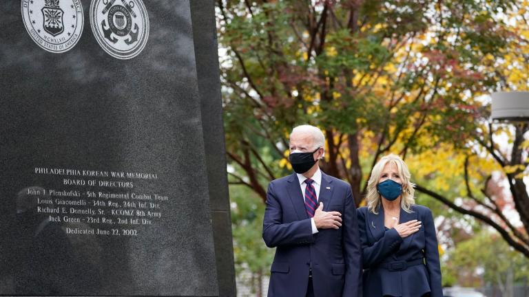 President-elect Joe Biden and Jill Biden, attend a service at the Philadelphia Korean War Memorial at Penn’s Landing on Veterans Day, Wednesday, Nov. 11, 2020, in Philadelphia. (AP Photo / Alex Brandon)
