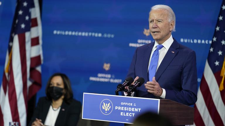 President-elect Joe Biden speaks as Vice President-elect Kamala Harris listens at left, during an event to introduce their nominees and appointees to economic policy posts at The Queen theater, Tuesday, Dec. 1, 2020, in Wilmington, Del. (AP Photo / Andrew Harnik)