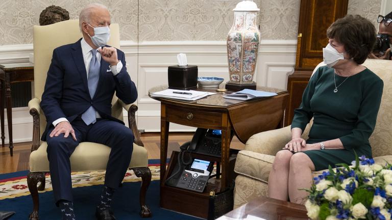 President Joe Biden meets with Sen. Susan Collins, R-Maine, to discuss a coronavirus relief package, in the Oval Office of the White House, Monday, Feb. 1, 2021, in Washington. (AP Photo / Evan Vucci)