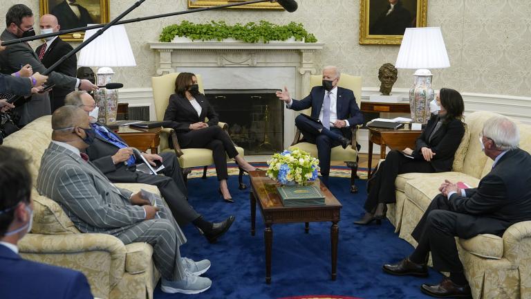 President Joe Biden and Vice President Kamala Harris meet with lawmakers to discuss the American Jobs Plan in the Oval Office of the White House, Monday, April 12, 2021, in Washington. (AP Photo / Patrick Semansky)