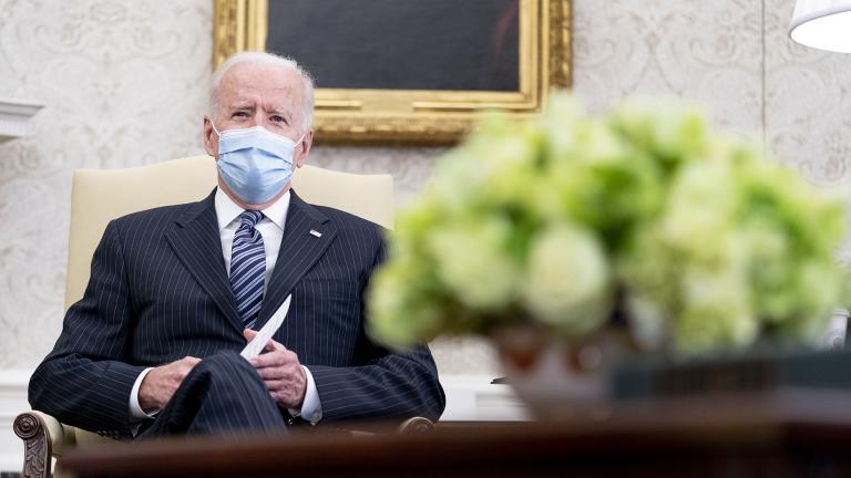 President Joe Biden meets with members of congress to discuss his jobs plan in the Oval Office of the White House in Washington, Monday, April 19, 2021. (AP Photo / Andrew Harnik)