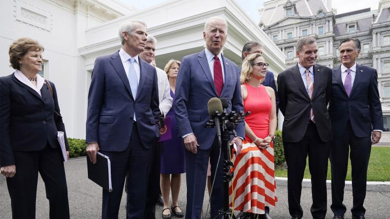 President Joe Biden, with a bipartisan group of senators, speaks Thursday June 24, 2021, outside the White House in Washington. (AP Photo / Jacquelyn Martin)