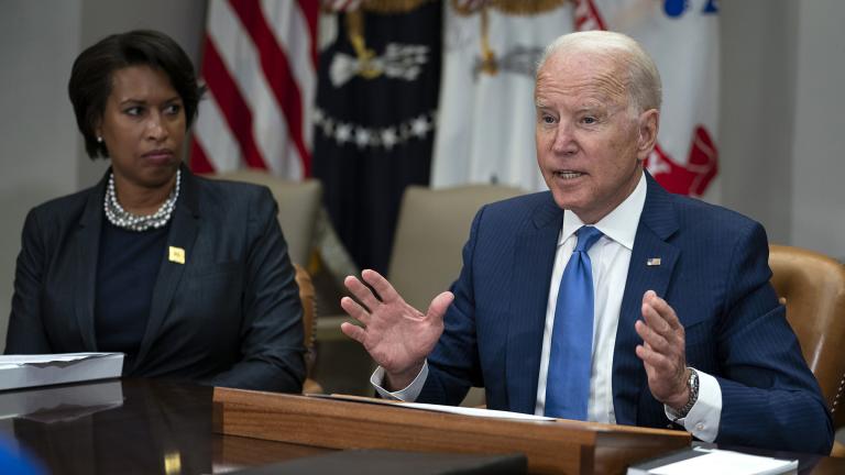 Washington Mayor Muriel Bowser listens as President Joe Biden speaks during a meeting on reducing gun violence, in the Roosevelt Room of the White House, Monday, July 12, 2021, in Washington. (AP Photo / Evan Vucci)