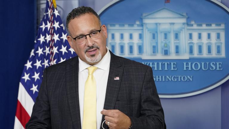 Education Secretary Miguel Cardona speaks during the daily briefing at the White House in Washington, Thursday, Aug. 5, 2021. (AP Photo / Susan Walsh)