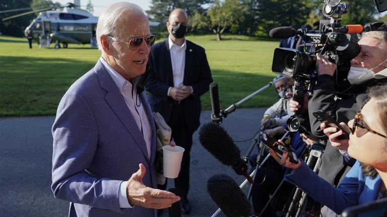 President Joe Biden speaks with members of the press before boarding Marine One on the South Lawn of the White House, Saturday, Oct. 2, 2021, in Washington. Biden is spending the weekend at his home in Delaware. (AP Photo / Patrick Semansky)