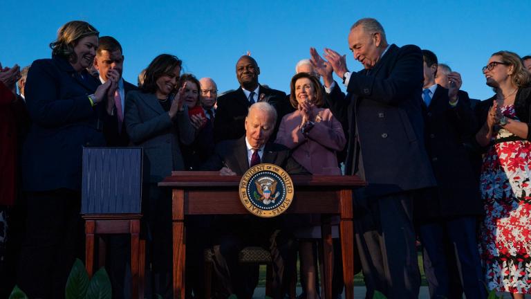 President Joe Biden signs the “Infrastructure Investment and Jobs Act” during an event on the South Lawn of the White House, Monday, Nov. 15, 2021, in Washington. (AP Photo / Evan Vucci)