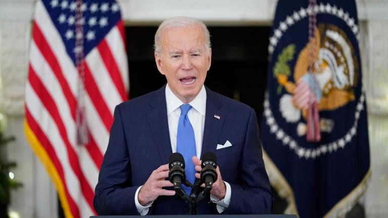 President Joe Biden speaks about the COVID-19 response and vaccinations, Tuesday, Dec. 21, 2021, in the State Dining Room of the White House in Washington. (AP Photo / Patrick Semansky)