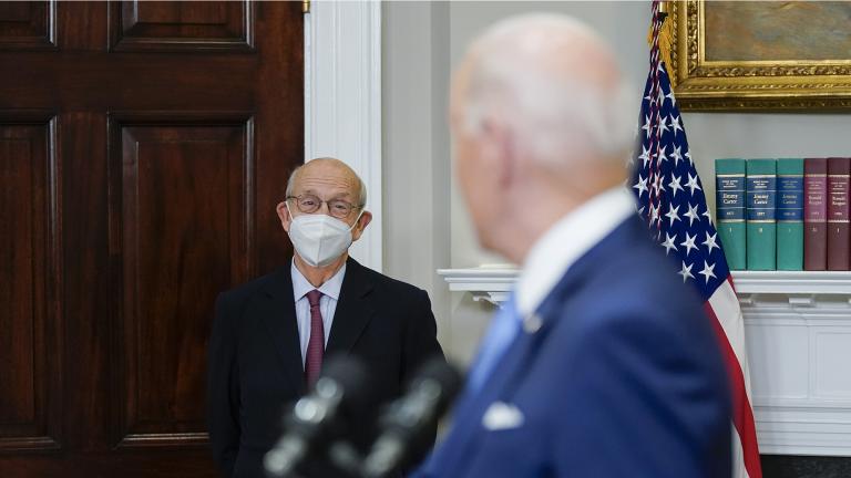 Supreme Court Associate Justice Stephen Breyer listens as President Joe Biden delivers remarks on the retirement of Breyer in the Roosevelt Room of the White House in Washington, Thursday, Jan. 27, 2022. 