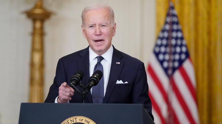 President Joe Biden speaks in the East Room of the White House, on Feb. 15, 2022, in Washington. (AP Photo / Alex Brandon)