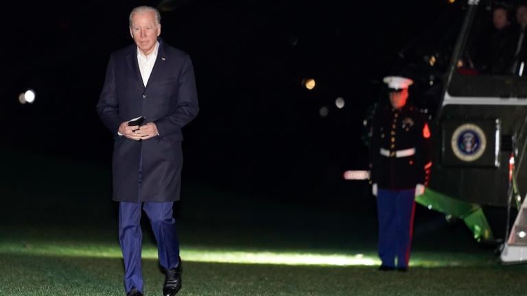 President Joe Biden arrives on Marine One on the South Lawn of the White House, early Sunday, March 27, 2022, in Washington, after a four-day trip to Europe. (AP Photo / Carolyn Kaster)
