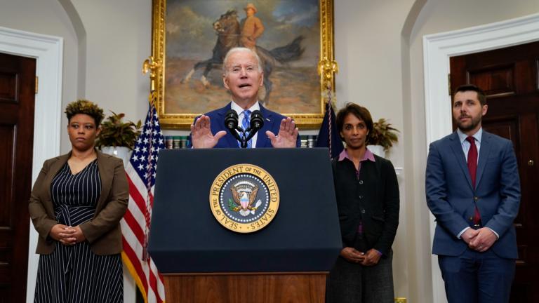 President Joe Biden speaks in the Roosevelt Room of the White House, Wednesday, May 4, 2022, in Washington. From left, Office of Management and Budget Director Shalanda Young, Biden, Cecilia Rouse, chair of the Council of Economic Advisersand Brian Deese, Assistant to the President and Director of the National Economic Council. (AP Photo / Evan Vucci)