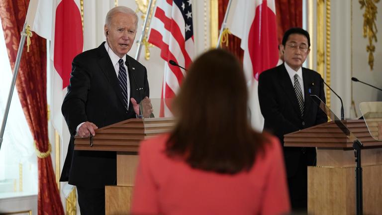 President Joe Biden speaks during a news conference with Japanese Prime Minister Fumio Kishida at Akasaka Palace, Monday, May 23, 2022, in Tokyo. (AP Photo/Evan Vucci)