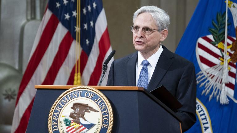 President Joe Biden’s pick for attorney general Merrick Garland, addresses staff on his first day at the Department of Justice, Thursday, March 11, 2021, in Washington. (Kevin Dietsch / Pool via AP)