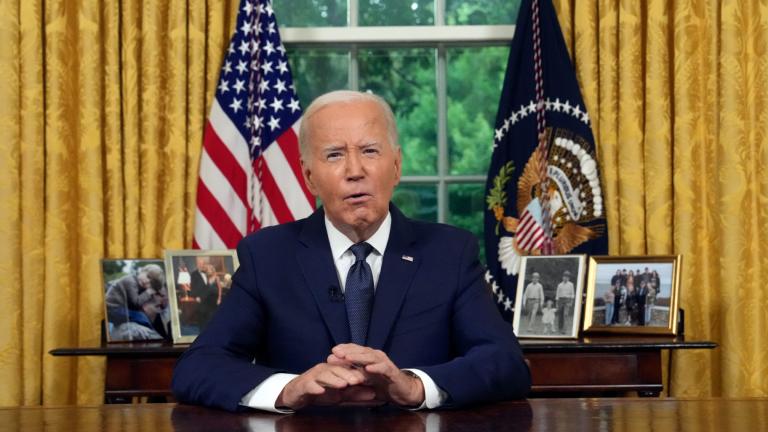 President Joe Biden addresses the nation from the Oval Office of the White House in Washington, Sunday, July 14, 2024, about the assassination attempt of Republican presidential candidate former President Donald Trump at a campaign rally in Pennsylvania. (Erin Schaff / The New York Times via AP, Pool)