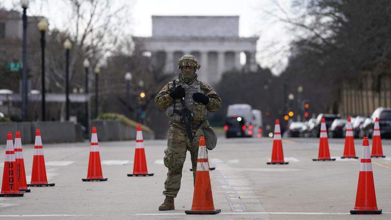 A National Guard stands at a road block near the Supreme Court ahead of President-elect Joe Biden’s inauguration ceremony, Wednesday, Jan. 20, 2021, in Washington. (AP Photo / Gerald Herbert)