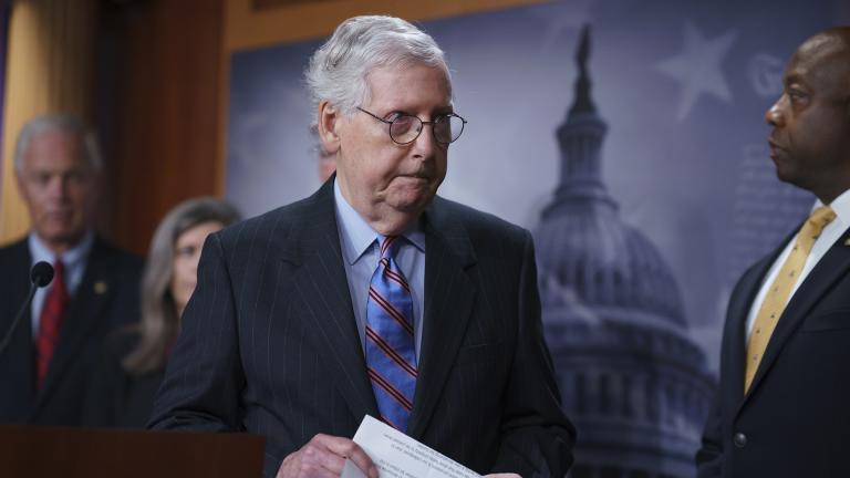 Senate Minority Leader Mitch McConnell, R-Ky., and other GOP senators speak to reporters ahead of a test vote scheduled by Democratic Leader Chuck Schumer of New York on the bipartisan infrastructure deal senators brokered with President Joe Biden, in Washington, Wednesday, July 21, 2021. (AP Photo / J. Scott Applewhite)