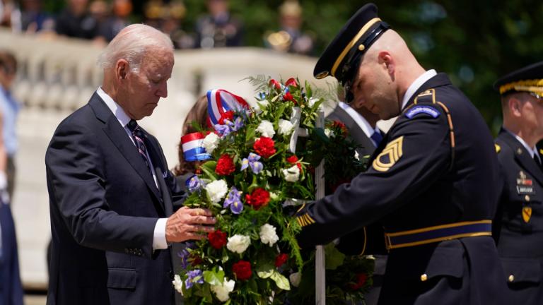 President Joe Biden lays a wreath at The Tomb of the Unknown Soldier at Arlington National Cemetery on Memorial Day, Monday, May 30, 2022, in Arlington, Va. (AP Photo / Andrew Harnik)
