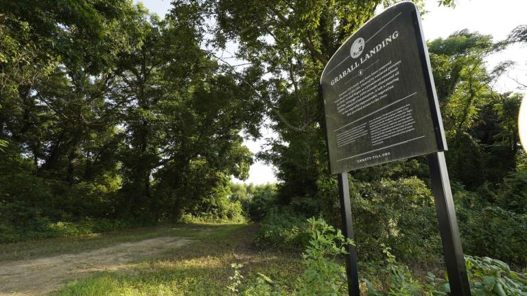 A memorial sign at Graball Landing, the spot where Emmett Till's body was pulled from the Tallahatchie River just outside of Glendora, Miss., is photographed Monday, July 24, 2023. (AP Photo/Rogelio V. Solis)