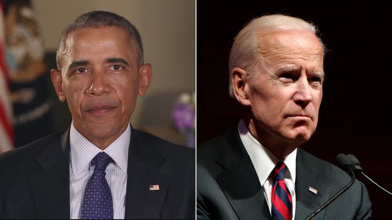 Former President Barack Obama delivers a video message in January 2017 (Courtesy whitehouse.gov); and former Vice President Joe Biden speaks at Northwestern University in Chicago on March 9, 2018. (Evan Garcia / WTTW News)