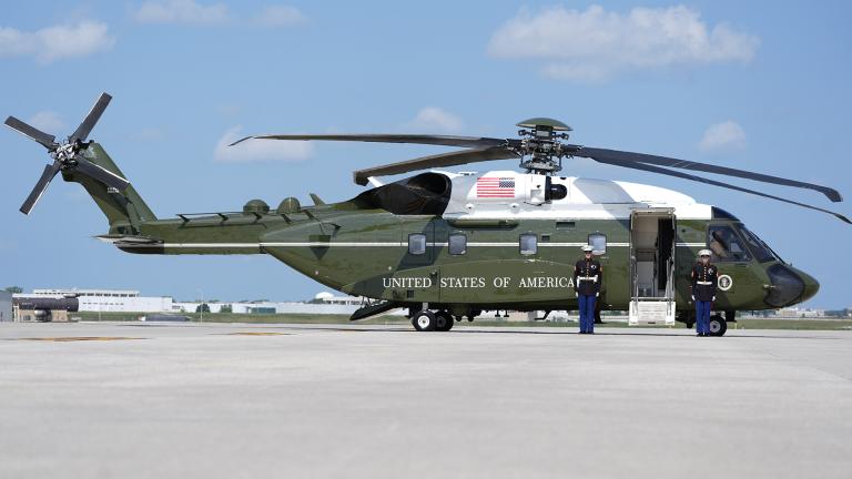 A new Marine One awaits President Joe Biden at Chicago O’Hare International Airport in Chicago, Monday, August 19, 2024. (AP Photo / Stephanie Scarbrough)