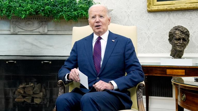 FILE - President Joe Biden speaks during a meeting with Prime Minister Petr Fiala of the Czech Republic in the Oval Office at the White House, April 15, 2024. (Manuel Balce Ceneta / AP Photo, File)