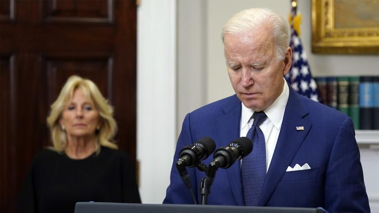 President Joe Biden speaks about the mass shooting at Robb Elementary School in Uvalde, Texas, from the White House, in Washington, Tuesday, May 24, 2022, as first lady Jill Biden listens. (AP Photo / Manuel Balce Ceneta)