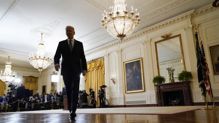 President Joe Biden departs after speaking about the Russian invasion of Ukraine in the East Room of the White House, Thursday, Feb. 24, 2022, in Washington. (AP Photo / Alex Brandon)