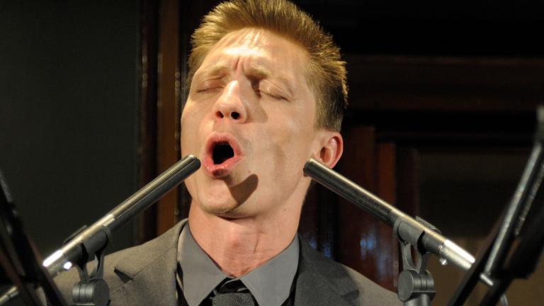 Valentijn Dhaenens in “BigMouth,” on stage at Chicago Shakespeare Theater through Sept. 22, 2018. (Photo by Maya Wilsens)