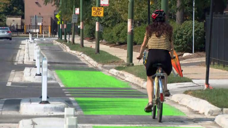 The city’s transportation department has been installing a new grid of bike routes in Belmont Cragin and Hermosa. (WTTW News)