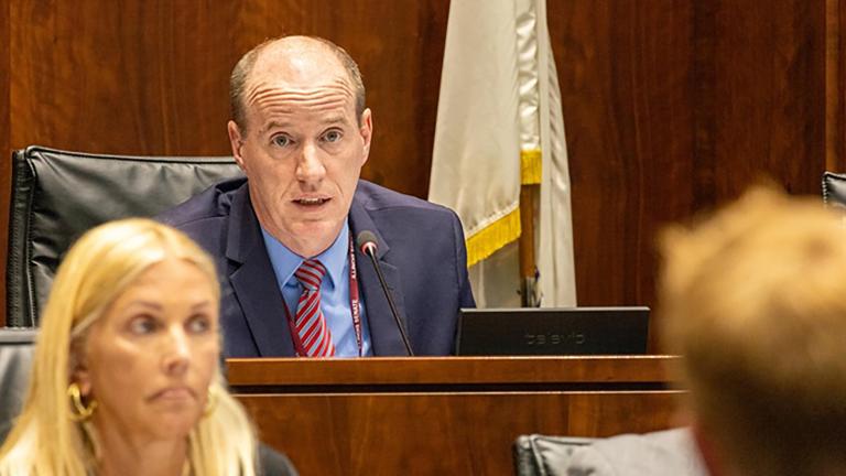 State Sen. Bill Cunningham, D-Chicago, speaks to members of the Illinois Pollution Control Board at the Joint Committee on Administrative Rules meeting on July 18, 2023. Cunningham is the co-chair of the bipartisan 12-member committee. (Andrew Adams / Capitol News Illinois)