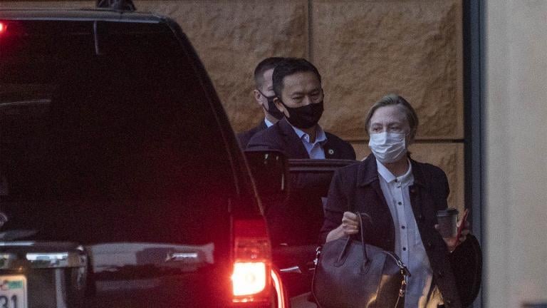 Former first lady and former U.S. Secretary of State Hillary Clinton arrives at the University of California Irvine Medical Center in Orange, Calif., Sunday, Oct. 17, 2021. (AP Photo / Damian Dovarganes)