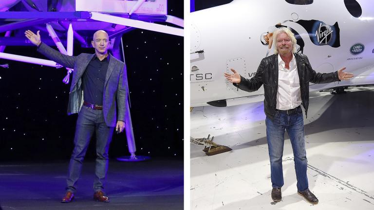 This combination of 2019 and 2016 file photos shows Jeff Bezos with a model of Blue Origin’s Blue Moon lunar lander in Washington, left, and Richard Branson with Virgin Galactic’s SpaceShipTwo space tourism rocket in Mojave, Calif. (AP Photo / Patrick Semansky, Mark J. Terrill)